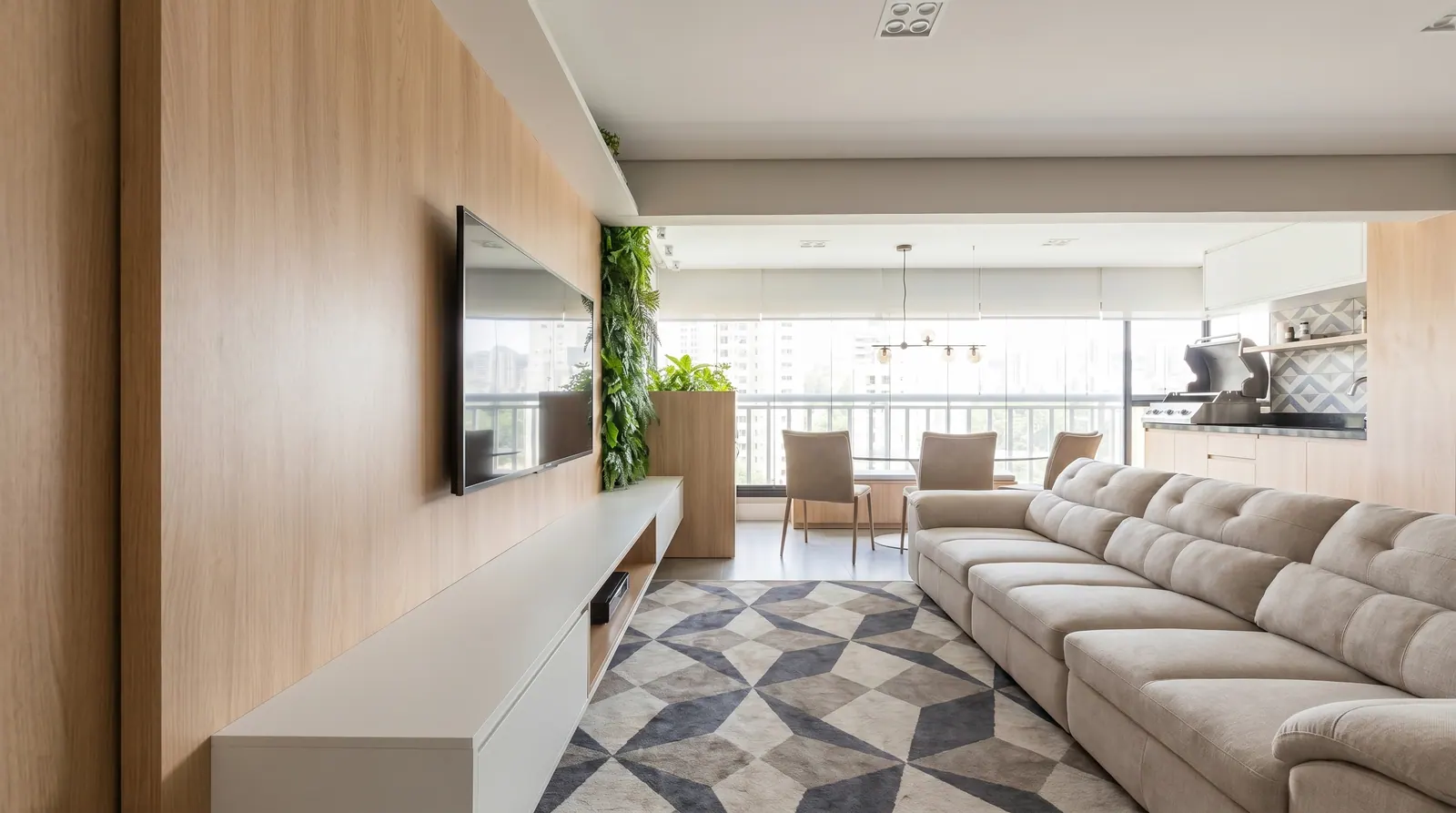 Estar contemporâneo — Projeto de interiores · painel e marcenaria