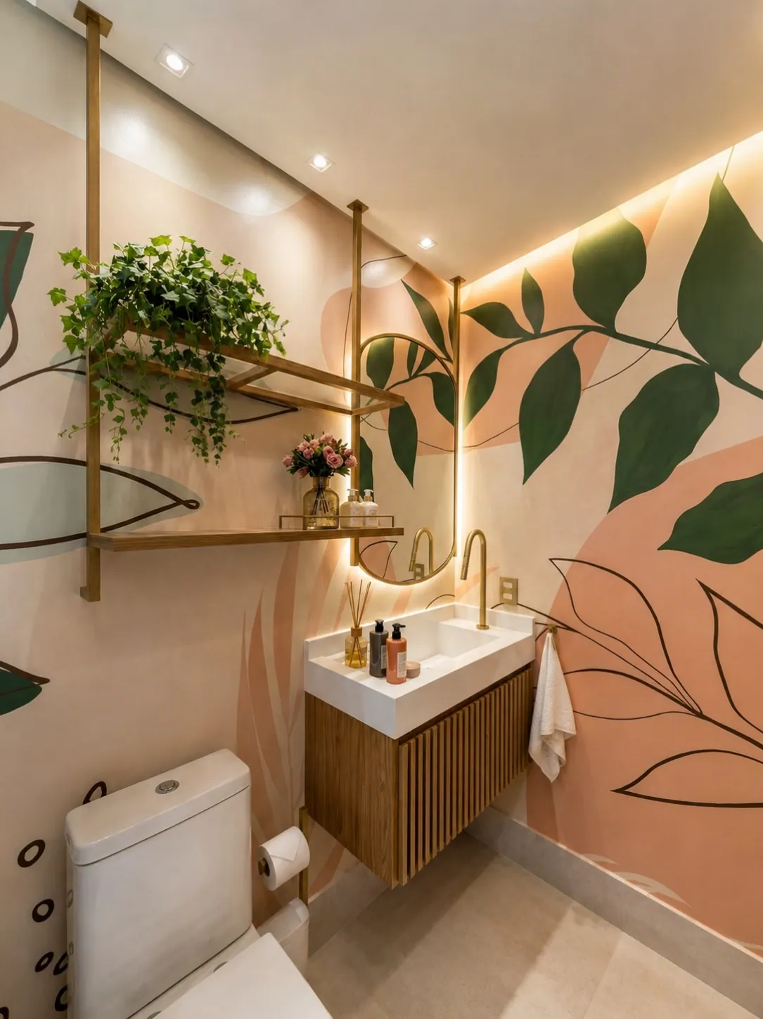 Lavabo autoral — Projeto de interiores · marcenaria e iluminação