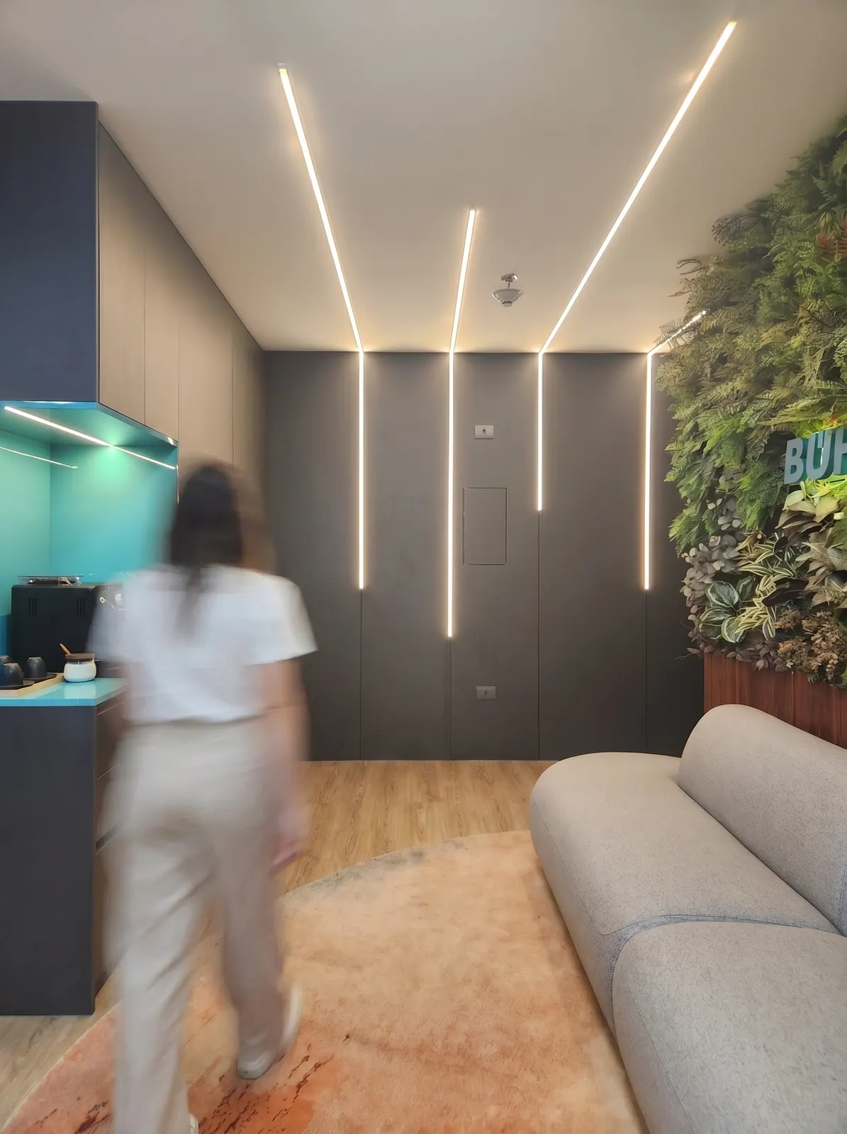 Projeto comercial com recepção, iluminação técnica e jardim vertical