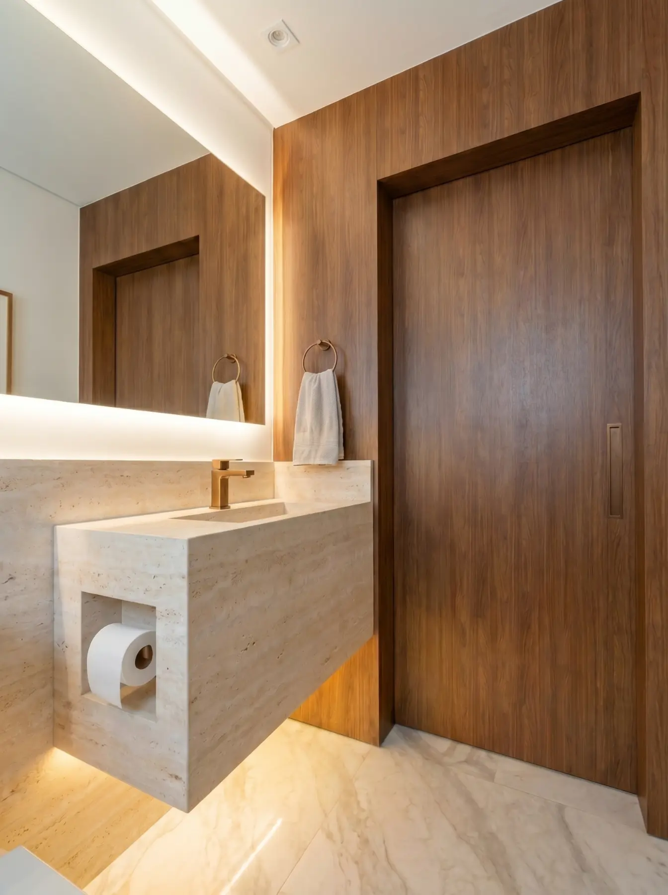 Lavabo — Projeto de interiores · pedra e iluminação